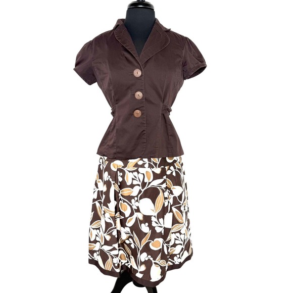 STUDIO 1 Fashion Dresses & Skirts - Vintage 2000s Brown Floral A-Line Top Skirt Set Retro Office Cottagecore 12P